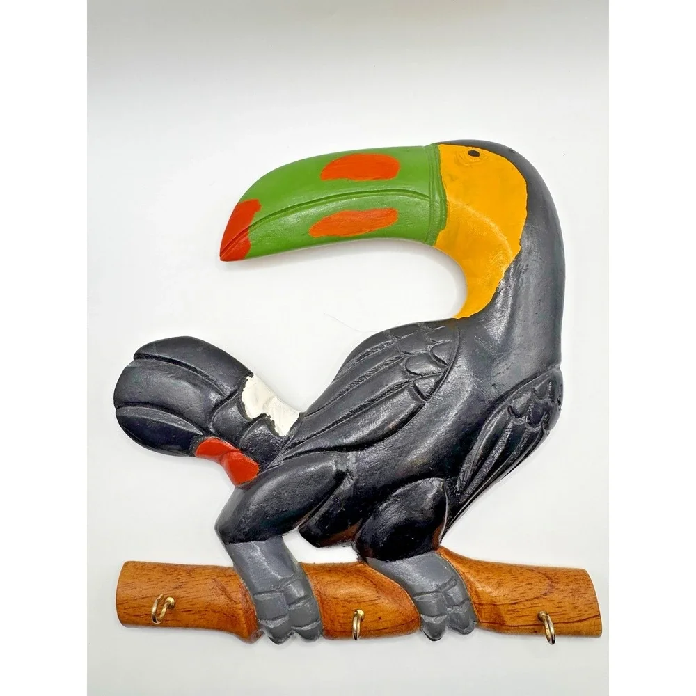 Wall Hook Key Holder Pair Toucan Hand Carved Wood‎ Panama Folk Art 3 Hooks